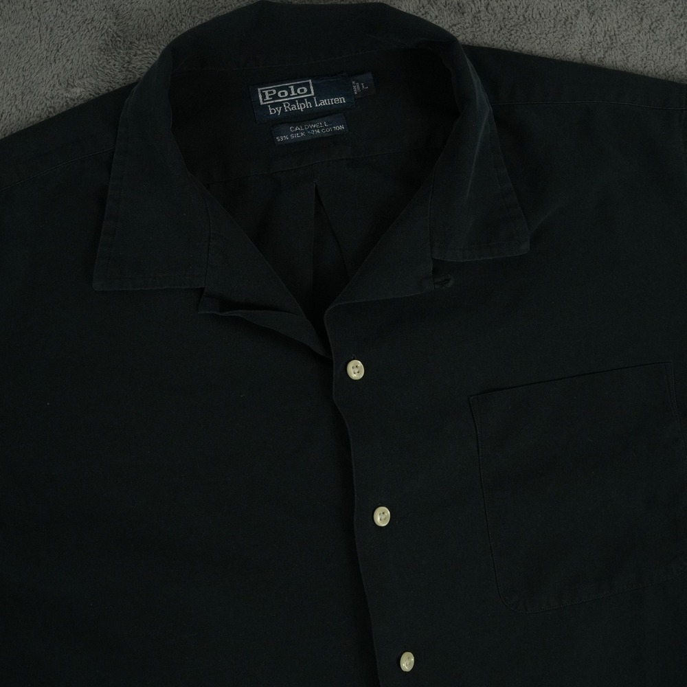 VTG Polo Ralph Lauren Caldwell Shirt Mens L Black Silk Cotton Camp Loop Collar